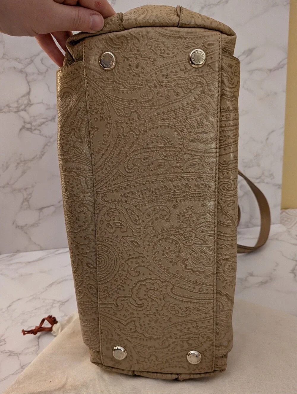 Etro Taupe Paisley-Embossed Leather Shoulder Bag With Dust Bag